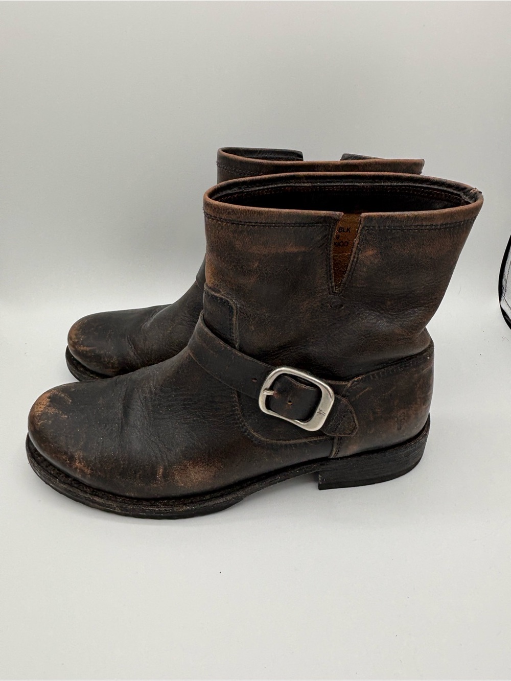FRYE “Veronica” black with Brown undertones distressed Leather Engineer Boots